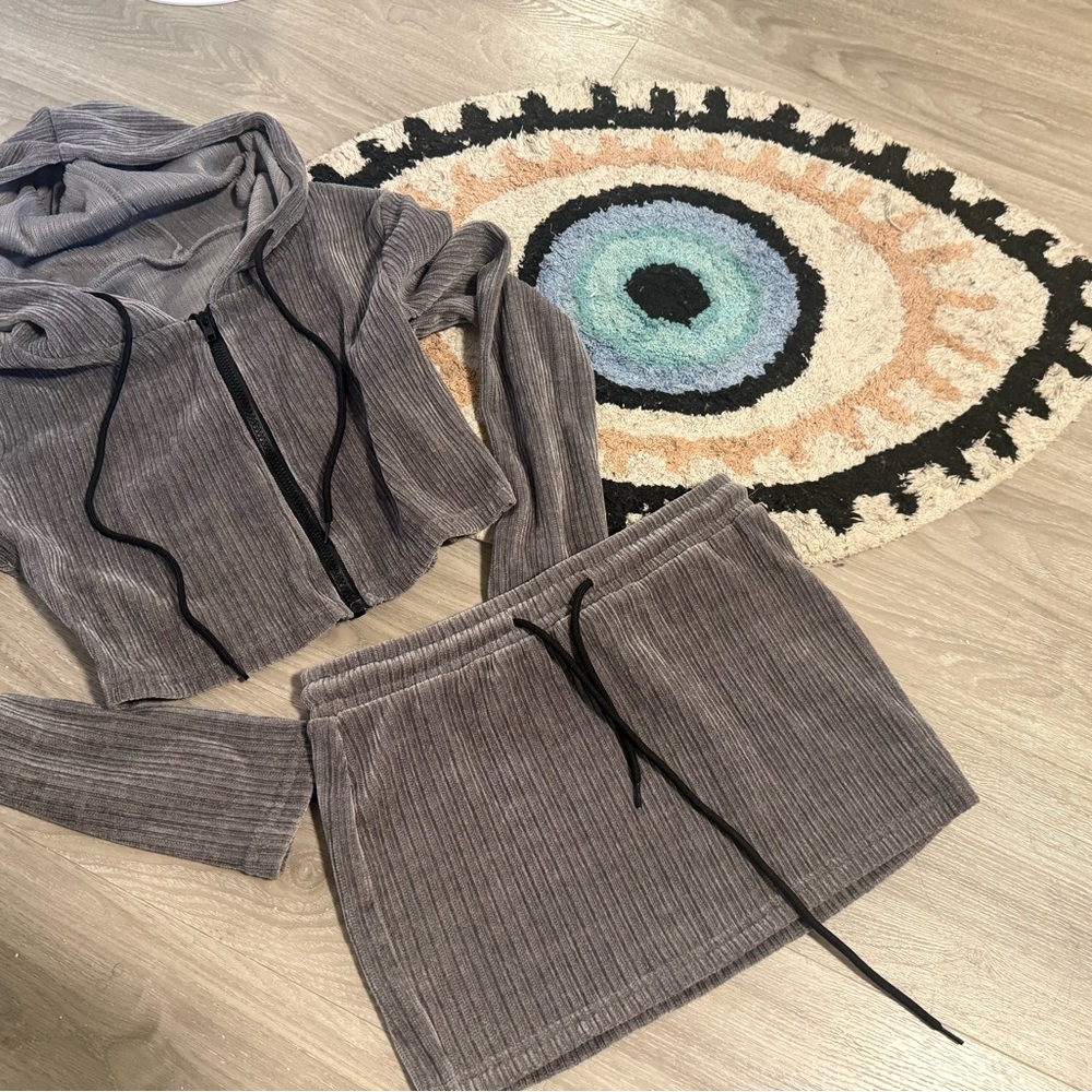 Gray corduroy Hoodie and Skirt Set